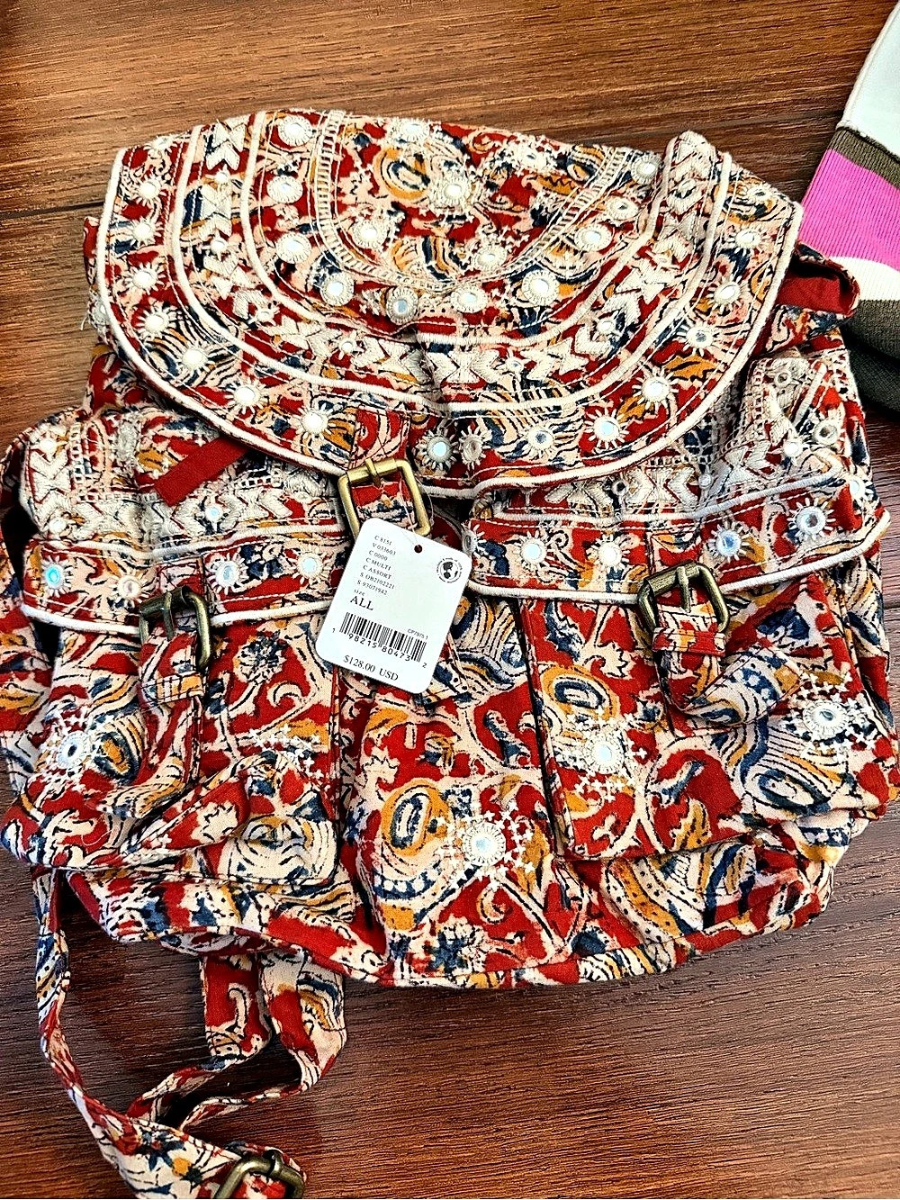Free People Mia Mirrored Backpack Paisley Backpack in Red & Blue NWT
